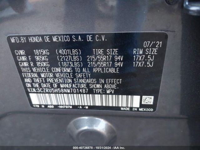 3CZRU5H58NM701487 Honda Hr-v 2wd Ex