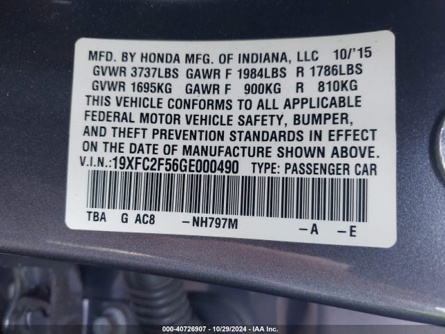 Honda Civic Lx 2016 19XFC2F56GE000490 Image 9