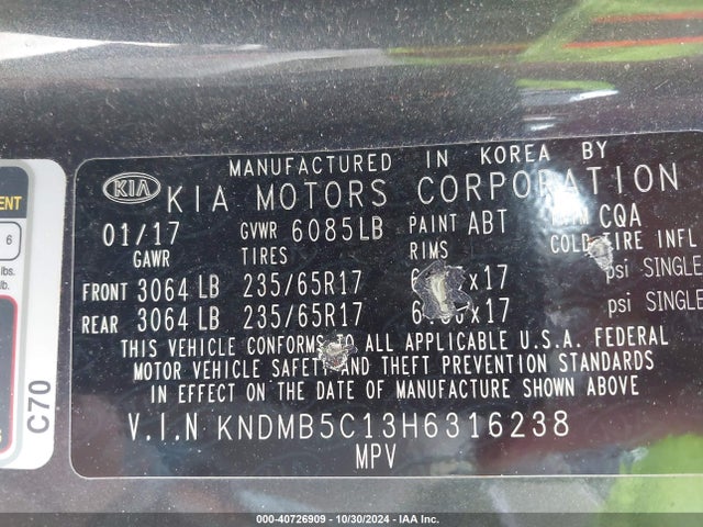 KIA SEDONA LX 2017 KNDMB5C13H6316238 Image 9