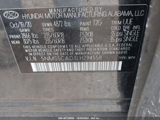 5NMS5CAD3LH294558 Hyundai Santa Fe Limited