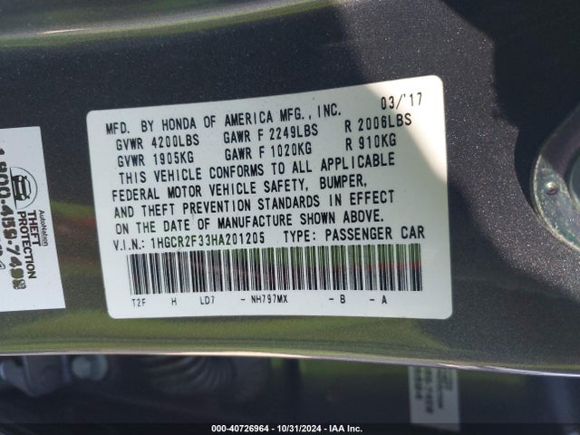 Honda ACCORD LX 2017 1HGCR2F33HA201205 Image 9