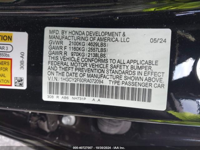 1HGCY2F60RA072094 Honda Accord Hybrid Ex-l
