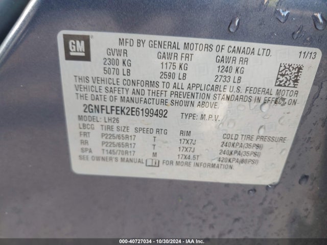 Chevrolet EQUINOX 1LT 2014 2GNFLFEK2E6199492 Image 9