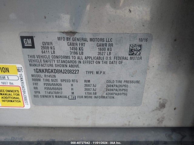 Chevrolet Traverse 1lt 2017 1GNKRGKD8HJ208227 Image 9