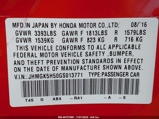 Honda FIT LX 2016 JHMGK5H50GS013771 Image 9