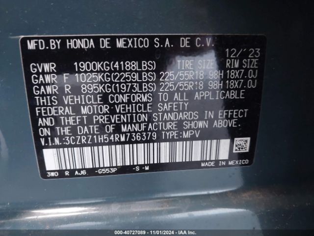 3CZRZ1H54RM736379 Honda Hr-v 2wd Sport/2wd Sport W/o Bsi