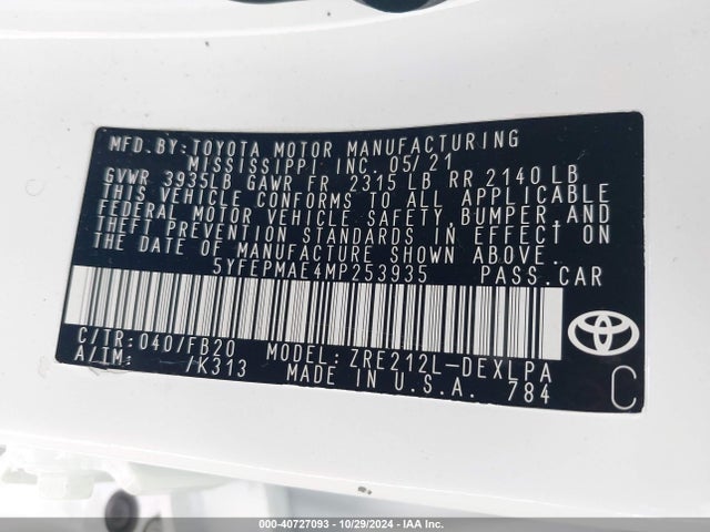 Toyota COROLLA LE 2021 5YFEPMAE4MP253935 Image 9