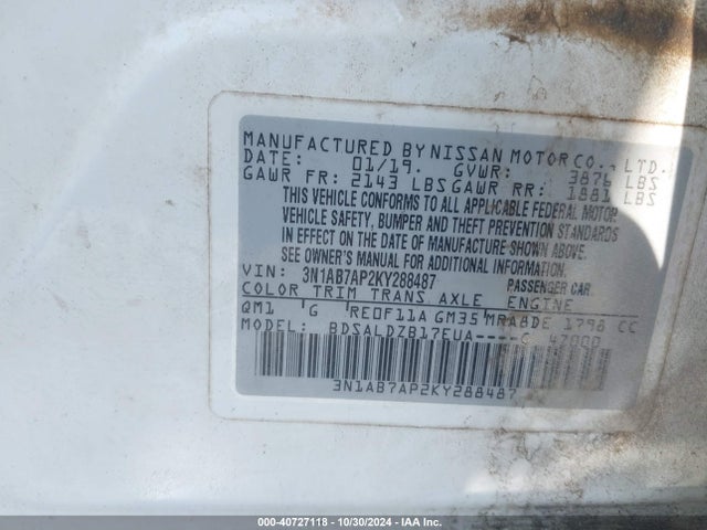 Nissan SENTRA SV 2019 3N1AB7AP2KY288487 Image 9