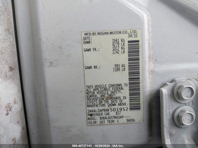 2010 Nissan Altima 2.5 S მანქანა იყიდება აუქციონზე, vin: 1N4AL2AP9AN501952, აუქციონის ნომერი: 40727142