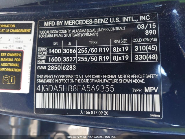 4JGDA5HB8FA569355 Mercedes-Benz Ml 350 4matic