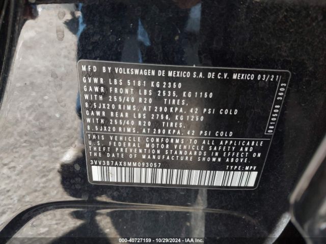 3VV3B7AX8MM093057 Volkswagen Tiguan 2.0t Se/2.0t Se R-line Black/2.0t Sel