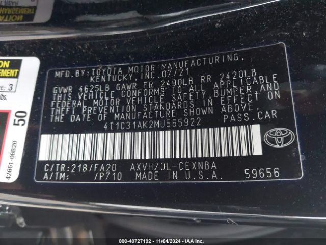 4T1C31AK2MU565922 Toyota Camry Le Hybrid