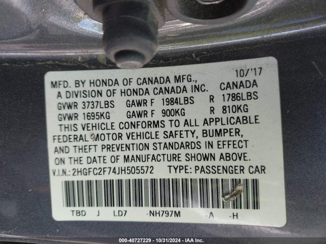 Honda CIVIC EX 2018 2HGFC2F74JH505572 Image 9
