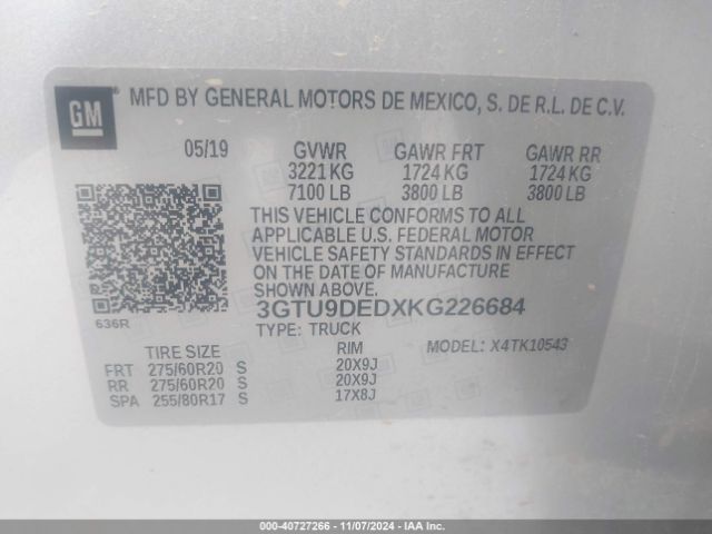 3GTU9DEDXKG226684 GMC Sierra 1500 Slt