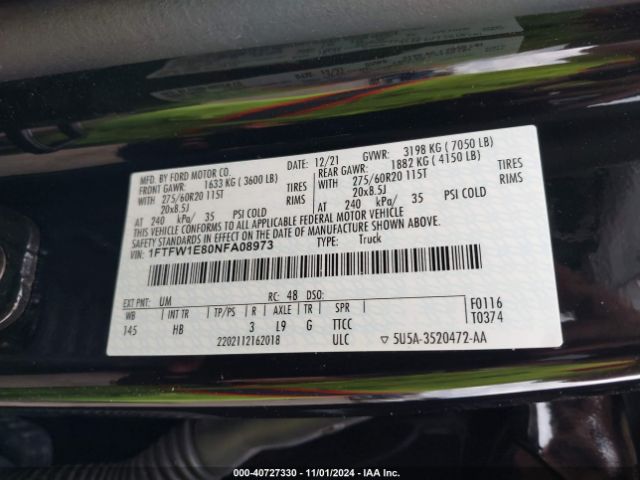 1FTFW1E80NFA08973 Ford F-150 Lariat