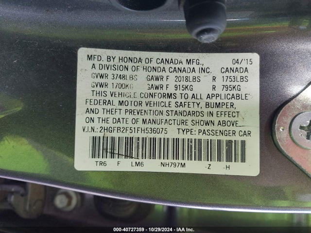 Honda Civic Lx 2015 2HGFB2F51FH536075 Image 9