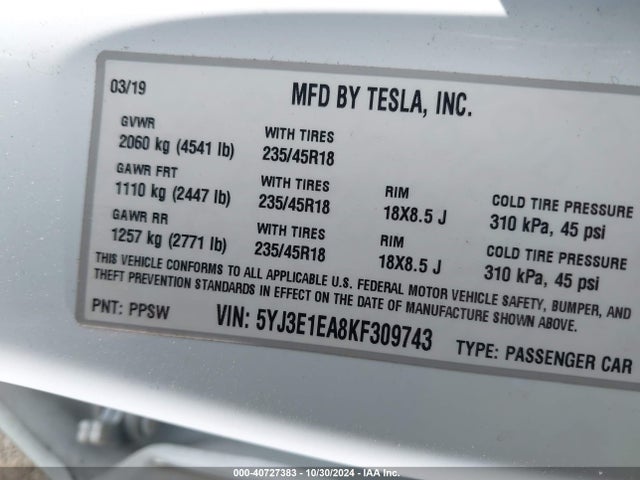 2019 TESLA MODEL 3 5YJ3E1EA8KF309743 Photo 8