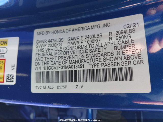 1HGCV2F31MA013451 Honda Accord Sport 2.0t