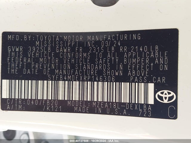 Toyota COROLLA LE 2024 5YFB4MDEXRP146306 Image 9