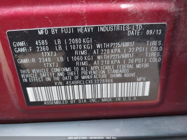 Subaru Outback 2.5i Limited 2014 4S4BRCLCXE3228966 Image 9