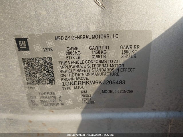 Chevrolet Traverse 3lt 2019 1GNERHKW6KJ205483 Image 9