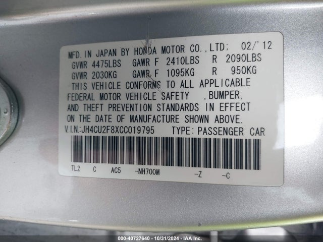 Продаж на аукціоні авто 2012 Acura Tsx 2.4, vin: JH4CU2F8XCC019795, номер лоту: 40727640