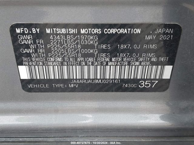 JA4ARUAU8MU029161 Mitsubishi Outlander Sport 2.0 Be /2.0 Es /2.0 Le /2.0 Se