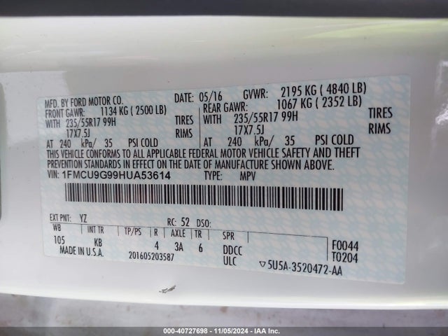 Ford ESCAPE SE 2017 1FMCU9G99HUA53614 Image 9