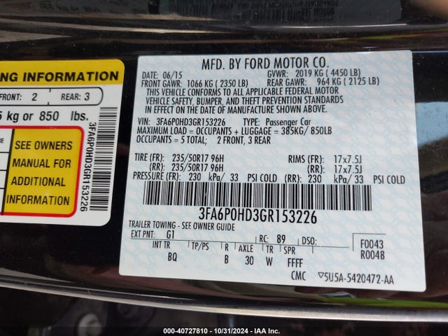 Ford FUSION SE 2016 3FA6P0HD3GR153226 Image 9