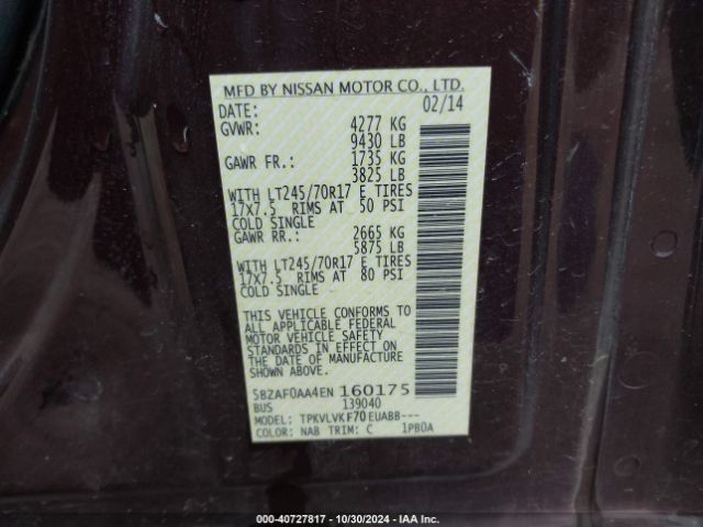 5BZAF0AA4EN160175 Nissan Nv Passenger Nv3500 Hd Sl V8