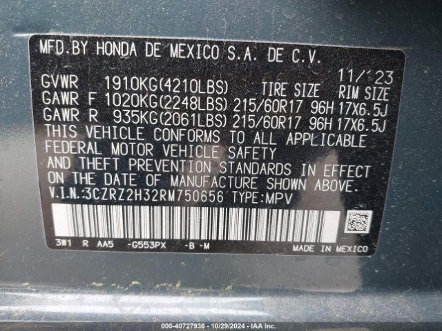 3CZRZ2H32RM750656 Honda Hr-v Awd Lx