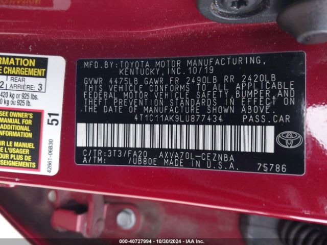 4T1C11AK9LU877434 Toyota CAMRY LE