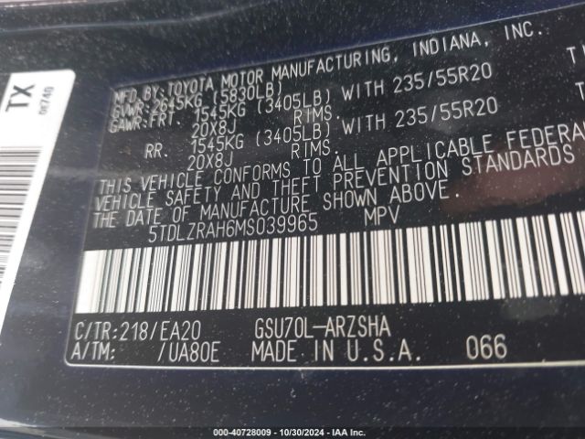 5TDLZRAH6MS039965 Toyota Highlander Xse