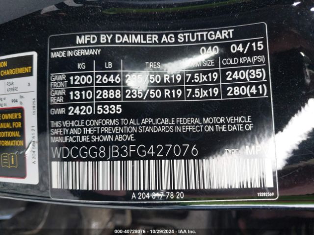 WDCGG8JB3FG427076 Mercedes-Benz Glk 350 4matic
