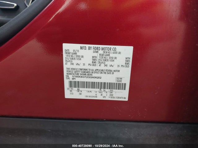 Ford EXPLORER SPORT 2016 1FM5K8GT2GGA06202 Image 9
