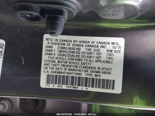 Honda Cr-v Ex-l 2016 2HKRM4H75GH710495 Image 9