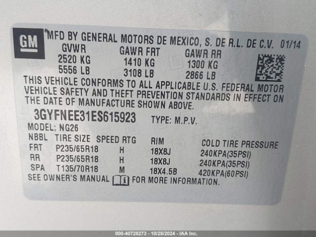 3GYFNEE31ES615923 Cadillac Srx Luxury Collection