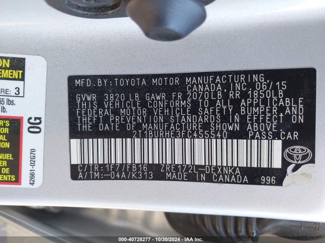 Toyota COROLLA LE 2015 2T1BURHE3FC455540 Image 9
