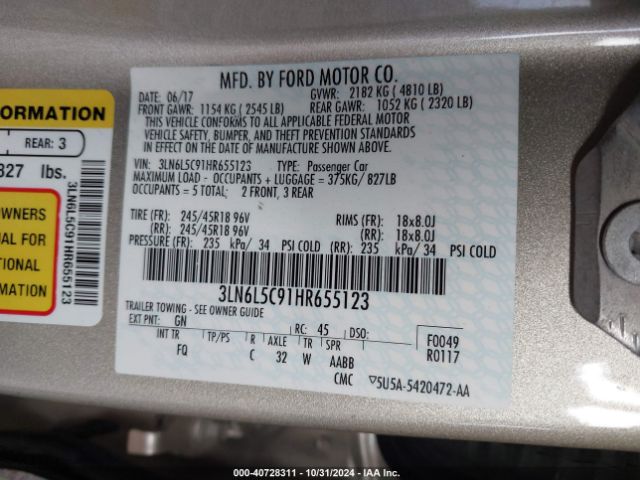 3LN6L5C91HR655123 Lincoln MKZ SELECT