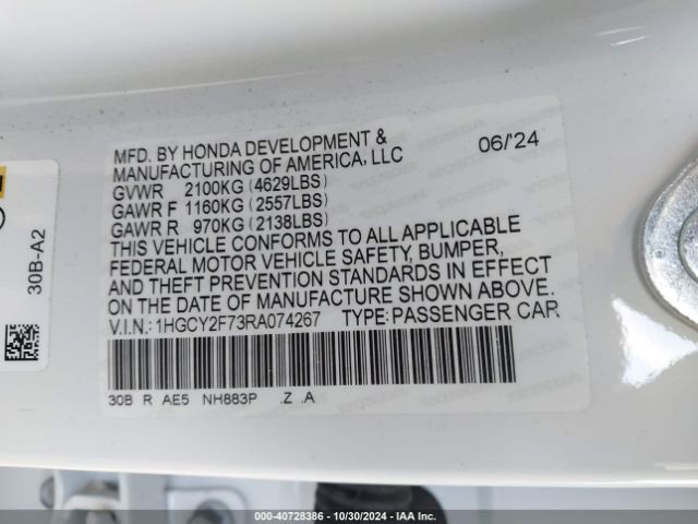 1HGCY2F73RA074267 Honda Accord Hybrid Sport-l
