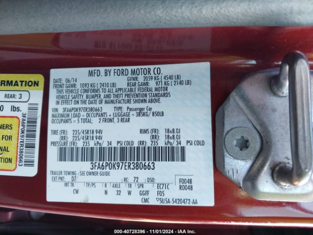 3FA6P0K97ER380663 Ford Fusion Titanium