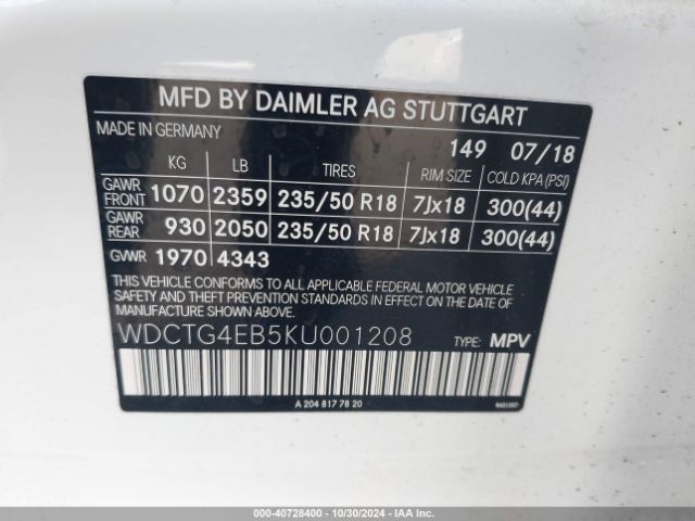 WDCTG4EB5KU001208 Mercedes-Benz GLA 250