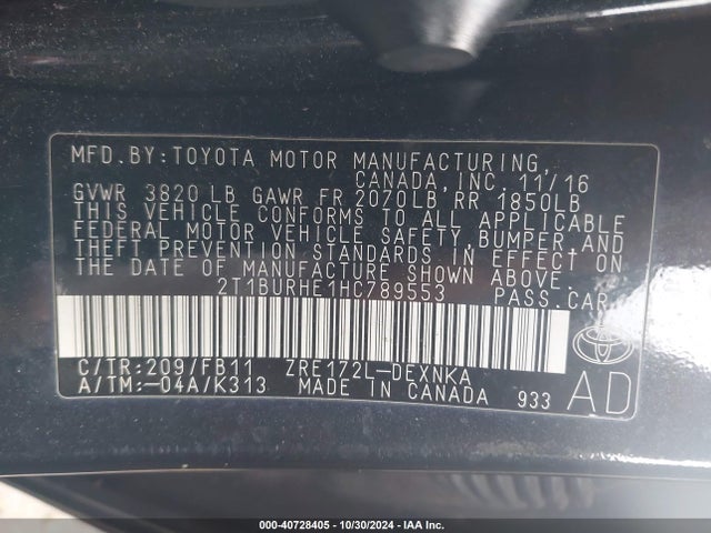 Toyota COROLLA LE 2017 2T1BURHE1HC789553 Image 9