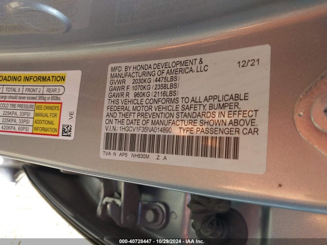 1HGCV1F35NA014890 Honda Accord Sport