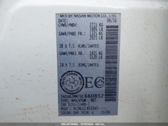 5N1AR2MM7GC660852 Nissan Pathfinder Platinum/s/sl/sv