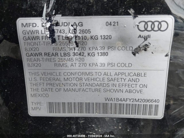 WA1B4AFY2M2096640 Audi Sq5 Premium Plus Tfsi Quattro Tiptronic