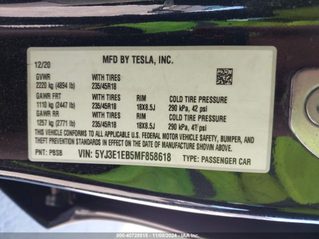 5YJ3E1EB5MF858618 Tesla Model 3 Long Range Dual Motor All-wheel Drive