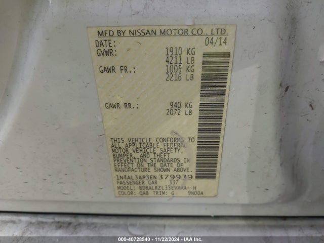 Nissan Altima 2.5 S 2014 1N4AL3AP3EN379939 Image 9
