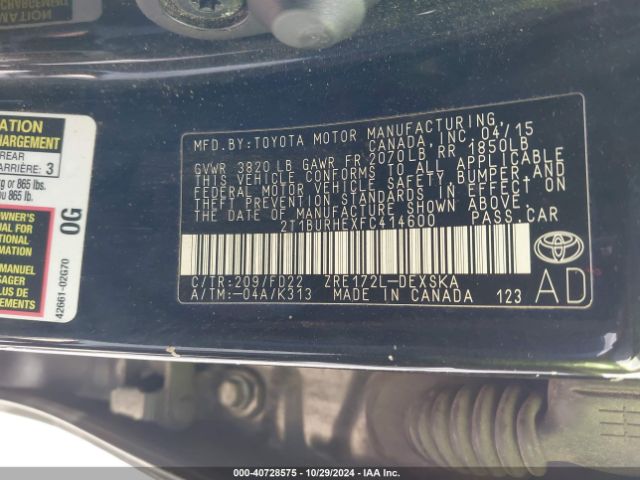 2T1BURHEXFC414600 Toyota Corolla S