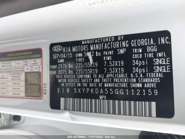 5XYPKDA55GG112159 KIA Sorento 3.3l Sx